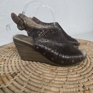 Pikolinos Brown Lasercut Leather Wedge Sandals 9.5-10 EU 40